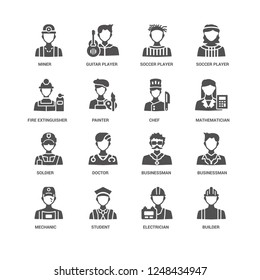 Builder, Painter, Miner, Guitar player, Businessman, Doctor, Electrician icon 16 set EPS 10 vector format. Icons optimized for both large and small resolutions.