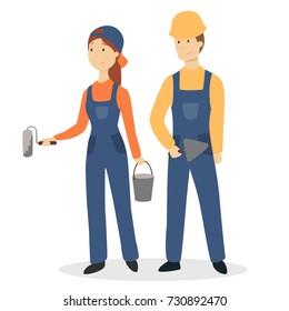 Builder and painter. Woman and man with work tools standing on white.