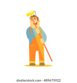 Builder With Painting Roll On Construction Site. Graphic Design Cool Geometric Style Isolated Character On White Background