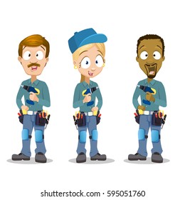 Builder people with drill. Isolated over white background. Different skin color. Male and female