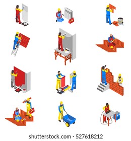 Builder People Isometric Icons Set With Equipment And Tools Isolated Vector Illustration 