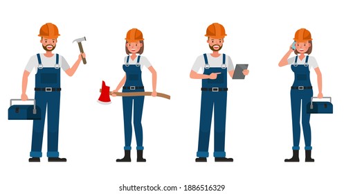 Builder people working character vector design. Presentation in various action with emotions.