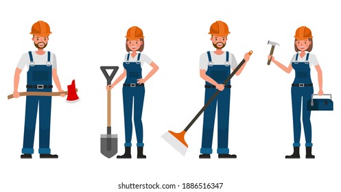 Builder people working character vector design. Presentation in various action with emotions.