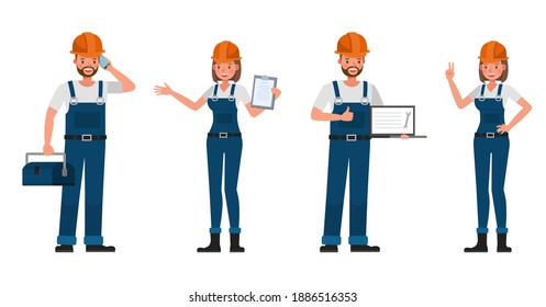 Builder people working character vector design. Presentation in various action with emotions.