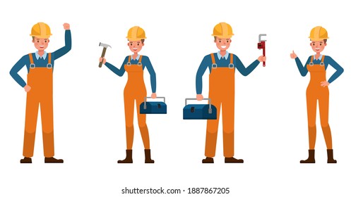 Builder people working character vector design. Presentation in various action with emotions.