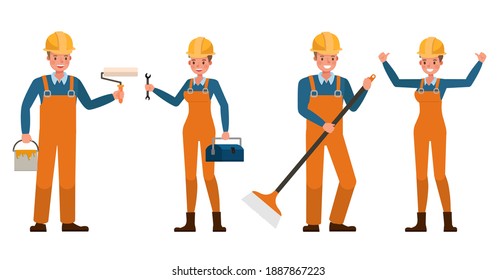 Builder people working character vector design. Presentation in various action with emotions.