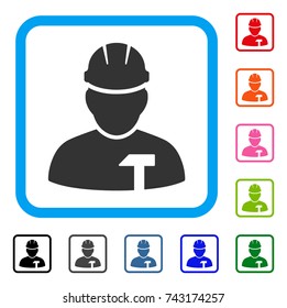 Builder Person icon. Flat grey iconic symbol inside a light blue rounded rectangle. Black, gray, green, blue, red, orange color variants of Builder Person vector. Designed for web and application UI.