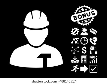 Builder Person pictograph with bonus elements. Vector illustration style is flat iconic symbols, white color, black background.