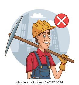 builder with pick using face mask for covid19 vector illustration design