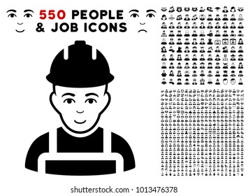 Builder pictograph with 550 bonus sad and happy men pictograms. Vector illustration style is flat black iconic symbols.