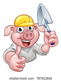 A builder pig cartoon character holding a brick layers trowel and wearing a hard hat. Could be the one of three little pigs who built his house of bricks.