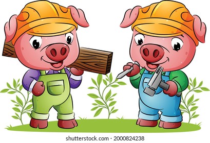 The builder pigs are holding the wooden board and the hammer of illustration