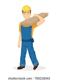 Builder with planks and hard hat on white background.