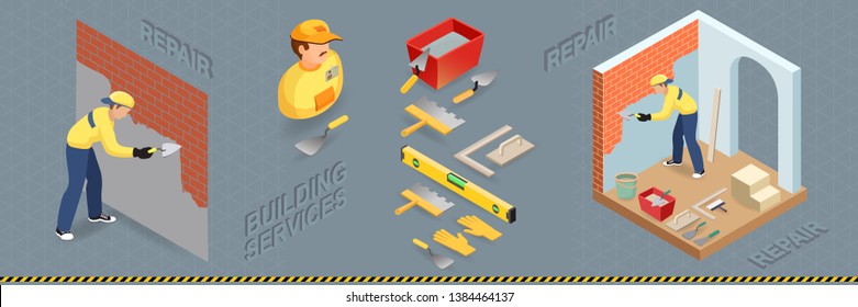 Builder is plastering the brick wall. Isometric interior repairs concept. Construction building. Plasterer in uniform holds a spatula. Worker, tools and fragment of interior with arch. Vector .