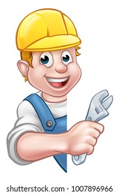 A builder or plumber contractor in hard hat holding a spanner hand tool and peeking around from behind a sign