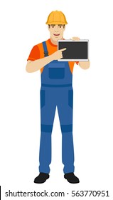 Builder pointing the finger to digital tablet PC. Full length portrait of builder in a flat style. Vector illustration.