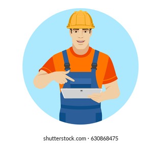 Builder pointing the finger to digital tablet PC. Portrait of builder character in a flat style. Vector illustration.