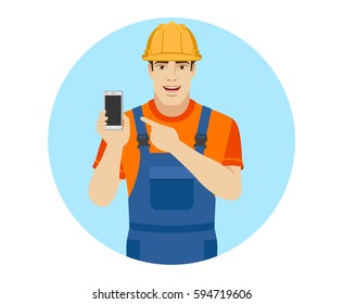 Builder pointing the finger to mobile phone. Portrait of builder in a flat style. Vector illustration.