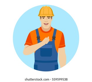 Builder Pointing The Finger At Yourself. Self-promotion. Portrait Of Builder In A Flat Style. Vector Illustration.