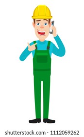 Builder pointing his finger at the mobile phone that he talks. Full length portrait of Cartoon Builder Character. Vector illustration in a flat style.