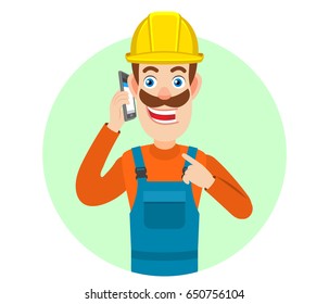 Builder pointing his finger at the mobile phone that he talks. Portrait of Cartoon Builder Character. Vector illustration in a flat style.