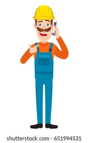 Builder pointing his finger at the mobile phone that he talks. Full length portrait of Cartoon Builder Character. Vector illustration in a flat style.