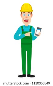 Builder pointing at mobile phone in his hand. Full length portrait of Cartoon Builder Character. Vector illustration in a flat style.