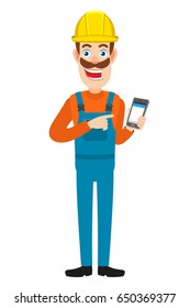 Builder pointing at mobile phone in his hand. Full length portrait of Cartoon Builder Character. Vector illustration in a flat style.