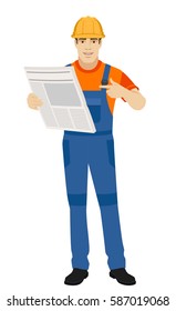 Builder pointing at newspaper.  Full length portrait of builder in a flat style. Vector illustration.