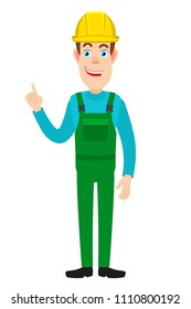Builder pointing up. Full length portrait of Cartoon Builder Character. Vector illustration in a flat style.