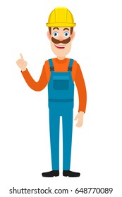 Builder pointing up. Full length portrait of Cartoon Builder Character. Vector illustration in a flat style.