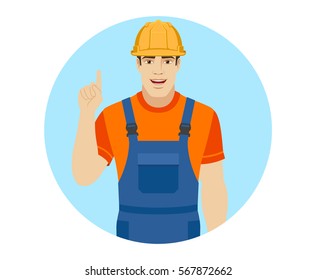 Builder pointing up. Portrait of builder in a flat style. Vector illustration.