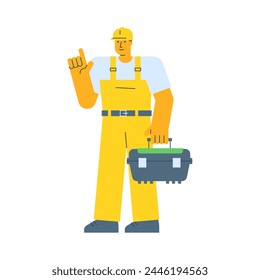 Builder zeigt mit dem Finger nach oben und hält den Koffer. Vektorillustration