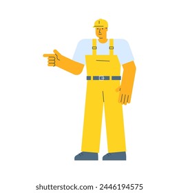 Builder points finger and smiling. Vector Illustration