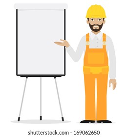Builder points to flipchart