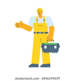 Builder points hand and holding suitcase. Vector Illustration