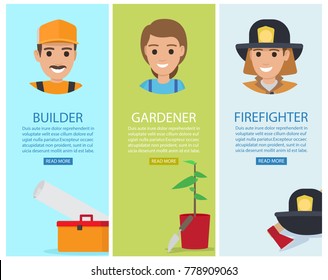 Builder poster with working tool, gardener banner and instrument near flower in pot and firefighter with protective accessories vector illustration