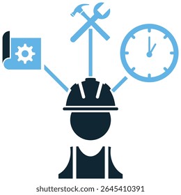 Builder prepared icon vector, for themes of professionalism, project commencement, safety readiness, and skilled labor in the building industry.