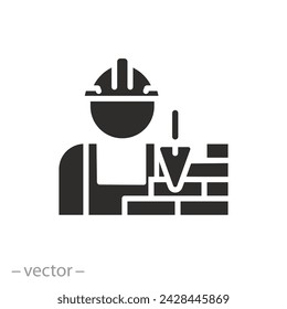 builder profession icon, mason, bricklaying specialist, bricks wall, flat symbol on white background - vector illustration