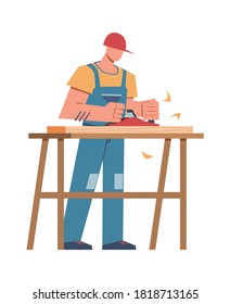 Builder and professional equipment. Carpenter with sawing board making wooden cabinet, home renovation or carpentry house repairing flat vector character