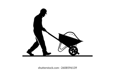 builder pushing wheelbarrow, black isolated silhouette