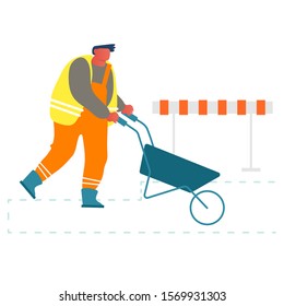 Bauarbeiter, der auf der Baustelle oder Straßenreparatur arbeitet. Laboratorien, die Orange Uniform und Vest tragen, mit manuellem Warenkorb zum Entfernen von Boden, Sand und Material Cartoon Flach-Vektorgrafik