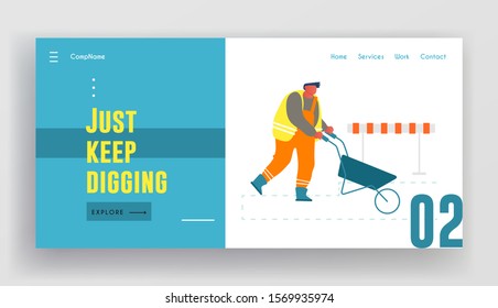 Builder Pushing Wheelbarrow Working on Construction Site or Road Reparation Website Landing Page. Trabajador que utiliza carrito manual para eliminar el cartel de la página web de suelo y arena. Ilustración de vectores planos de dibujos animados