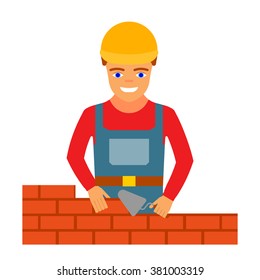 Builder puts a brick sienna. Construction of a brick wall man. Vector image isolated on a white background.