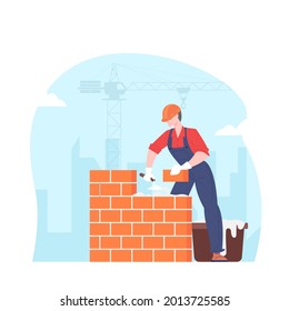 Builder puts brick wall. Bricklayer on construction site vector illustration.