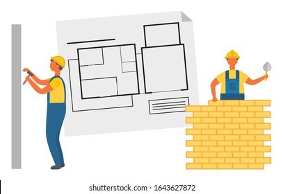 Builder with putty knife laying bricks, worker hammering pin into wall. Project of building house, construction zone and engineers, repair with tool vector