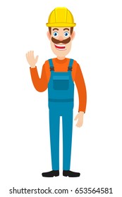 Builder raised a hand in greeting. Full length portrait of Cartoon Builder Character. Vector illustration in a flat style.