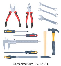 Builder, repair and construction hand tool set. Flat illustration of pliers, adjustable spanner, wrench, rasp, screwdrivers, hammers with wooden and plastic handles, caliper. Vector isolated elements.