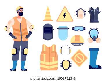 Builder Safety Equipment. Construction Worker, Protection And Work Gear. Man In Vest Glasses Helmet, Personal Health Utter Vector Concept