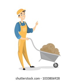 Builder with sand on wheelbarrow on white.